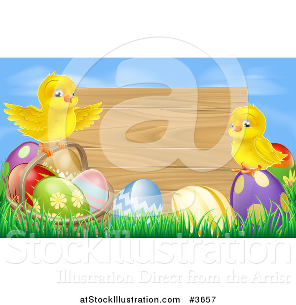 Vector Illustration of a Wooden Sign Against a Blue Sky with Easter Eggs and Chicks