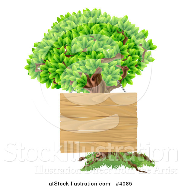 Vector Illustration of a Wooden Sign Hanging on a Tree