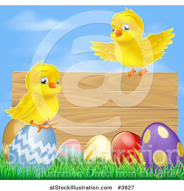 Vector Illustration of a Wooden Sign with Chicks and Easter Eggs Against Blue Sky