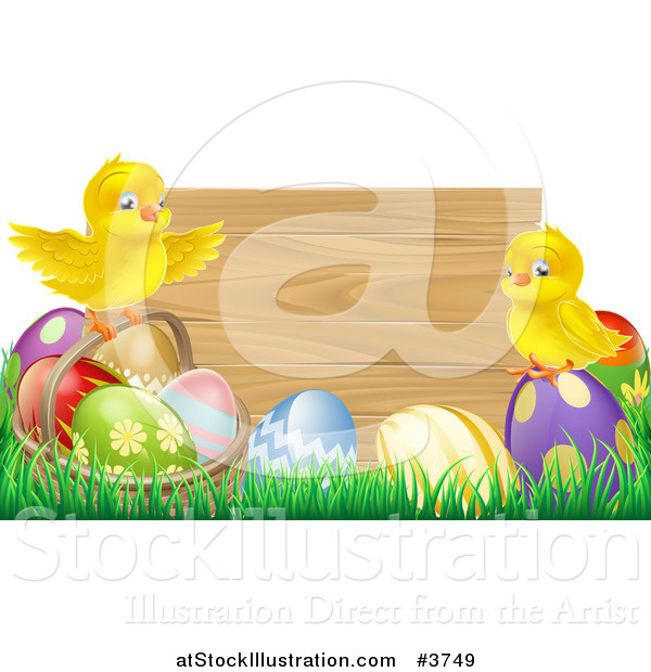 Vector Illustration of a Wooden Sign with Easter Chicks and Eggs