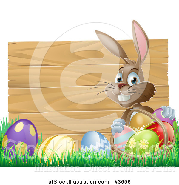 Vector Illustration of a Wooden Sign with Easter Eggs and a Bunny
