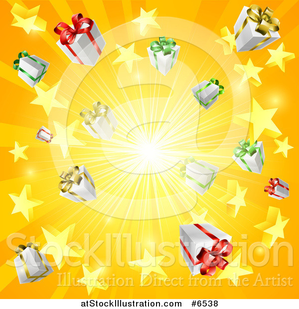 Vector Illustration of a Yellow and Orange Sun Burst of 3d Gifts and Stars