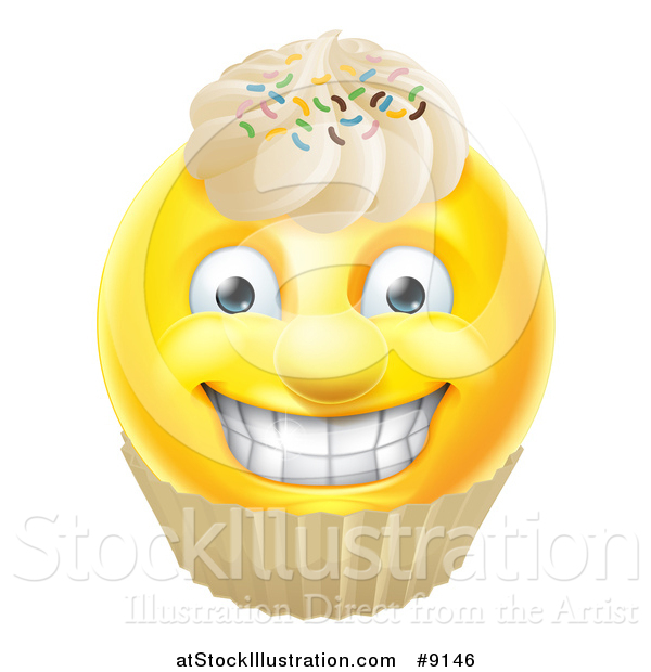 Vector Illustration of a Yellow Male Smiley Emoji Emoticon Face Cupcake with Sprinkles and Frosting