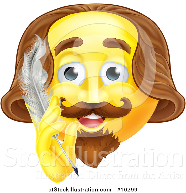 Vector Illustration of a Yellow Shakespeare Smiley Emoji Emoticon Holding a Feather Quill Pen