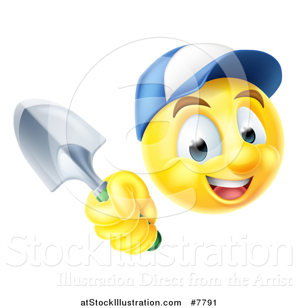 Vector Illustration of a Yellow Smiley Emoji Emoticon Gardener Wearing a Hat and Holding a Trowel Spade