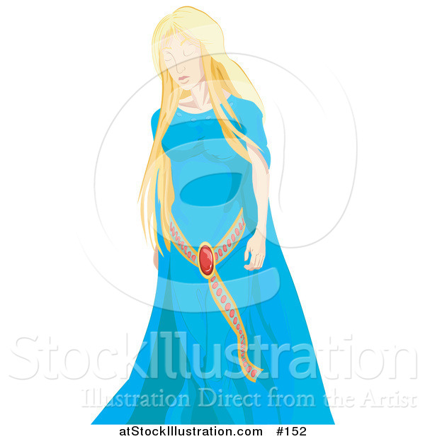 Vector Illustration of a Young Blond White Princess in a Blue Dress