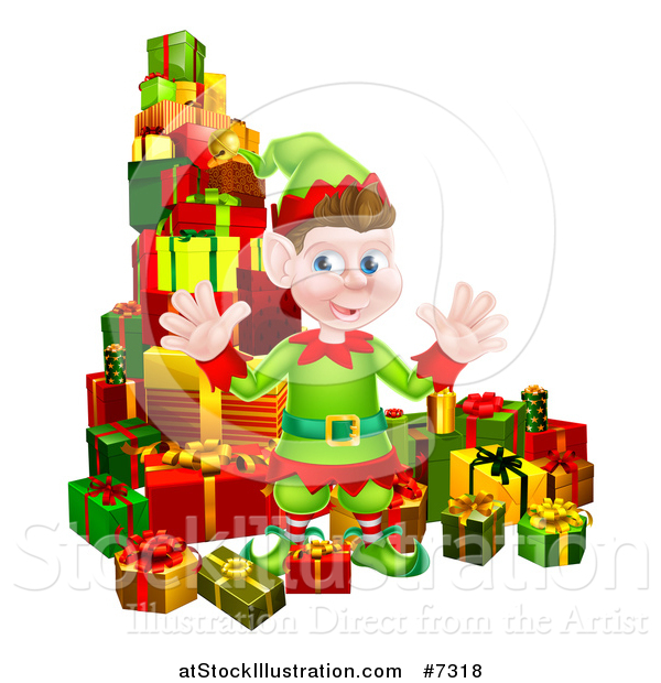 Vector Illustration of a Young Brunette White Male Christmas Elf Surrounded with Gifts