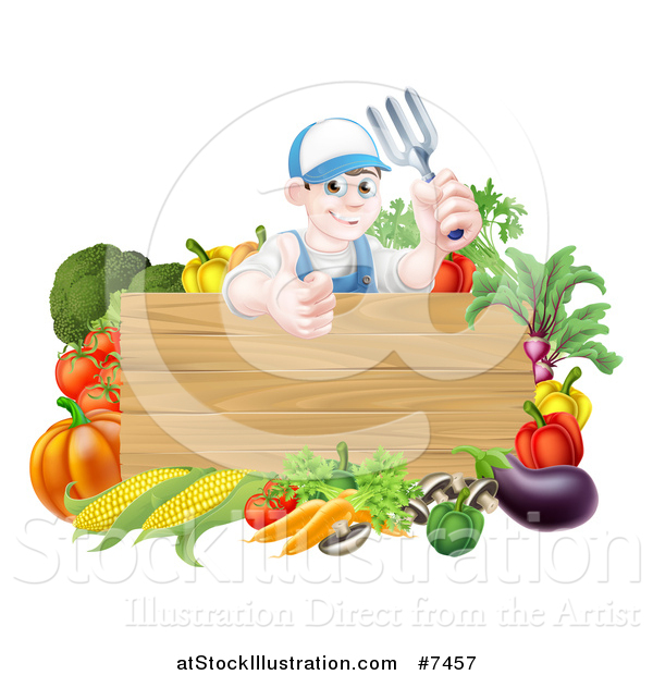 Vector Illustration of a Young Brunette White Male Gardener in Blue, Holding up a Garden Fork and Giving a Thumb up over a Blank Wood Sign with Produce