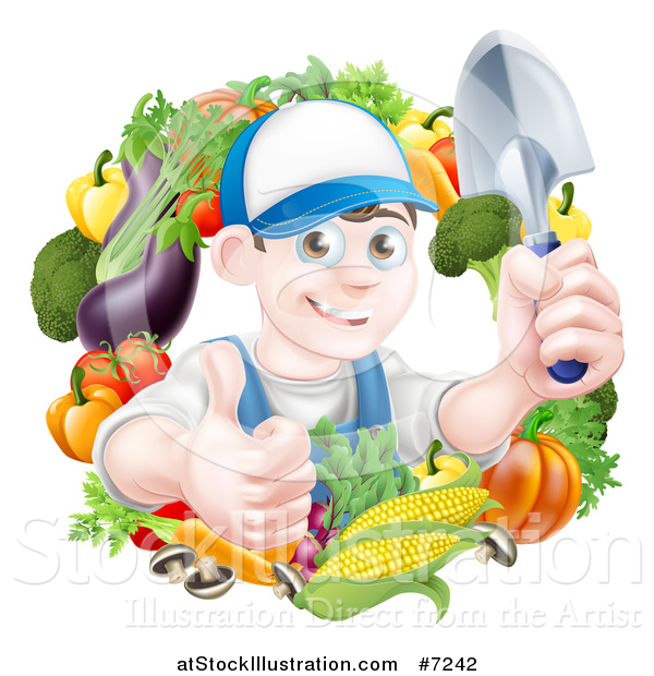 Vector Illustration of a Young Brunette White Male Gardener in Blue, Holding up a Shovel and Giving a Thumb up in a Wreath of Produce