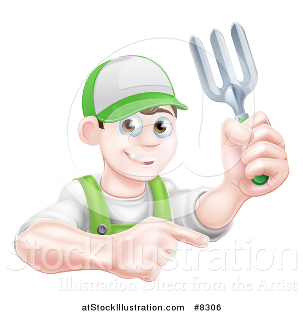Vector Illustration of a Young Brunette White Male Gardener in Green, Holding a Garden Fork and Pointing over a Sign