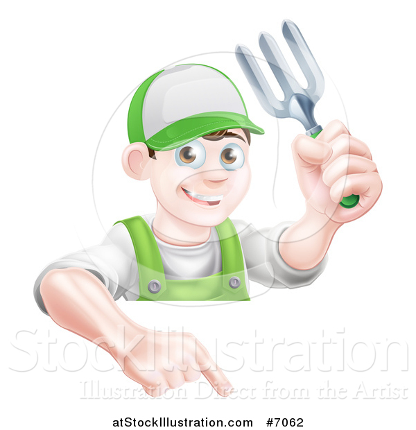 Vector Illustration of a Young Brunette White Male Gardener in Green, Holding up a Garden Fork and Pointing down over a Sign