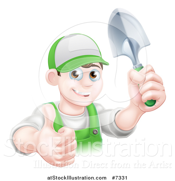 Vector Illustration of a Young Brunette White Male Gardener in Green, Holding up a Shovel and Giving a Thumb up