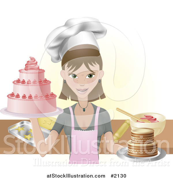 Vector Illustration of a Young Female Chef Holding Two Cakes