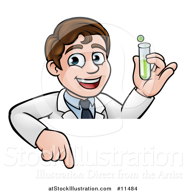 Vector Illustration of a Young Male Scientist Pointing down and Holding a Test Tube over a Sign