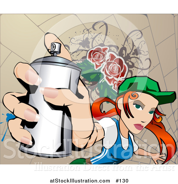 Vector Illustration of a Young Red Haired White Woman Spray Painting a Wall to Make Graffiti
