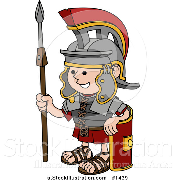 Vector Illustration of a Young Roman Soldier Man in a Helmet, Leaning Against His Shield and Holding a Spear