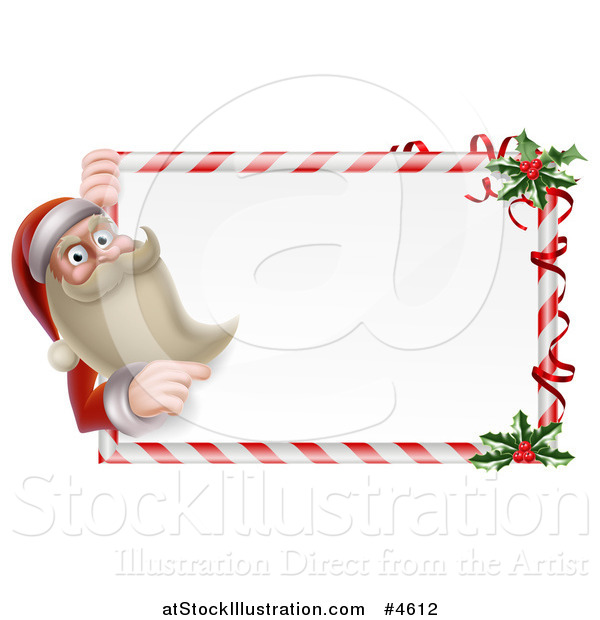 Vector Illustration of a Young Santa Claus Looking Around and Pointing to a Candy Cane Sign with Holly