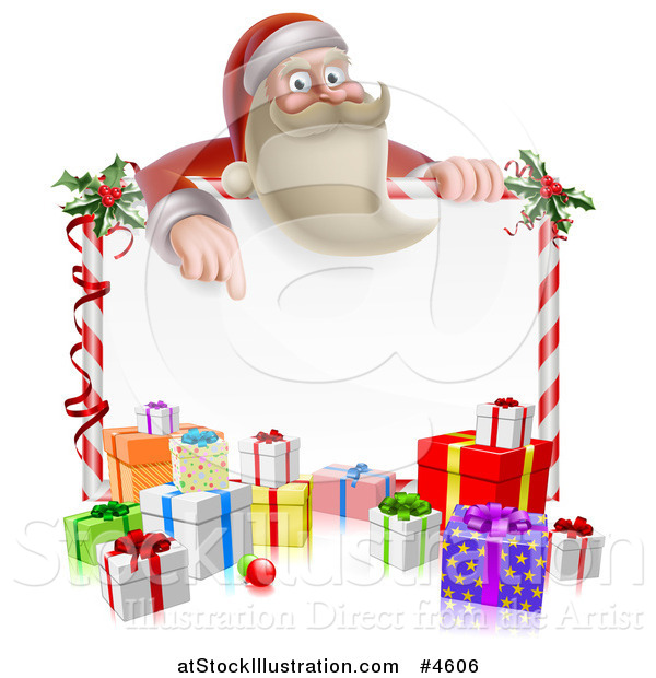 Vector Illustration of a Young Santa Claus Pointing down to a Candy Cane Sign with Gift Boxes