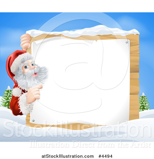 Vector Illustration of a Young Santa Claus Pointing to a Christmsa Sign in the Snow