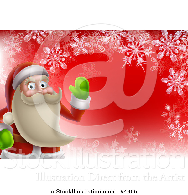 Vector Illustration of a Young Santa Claus Waving over Red with Snowflakes