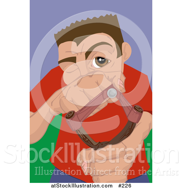 Vector Illustration of a Young Troublemaker Man Aiming a Slingshot