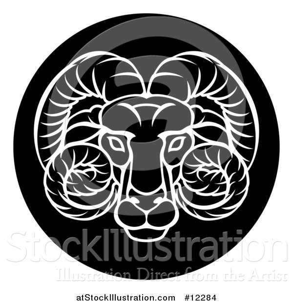 Vector Illustration of a Zodiac Horoscope Astrology Aries Ram Circle Design, Black and White