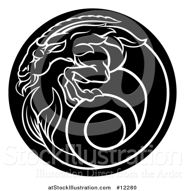 Vector Illustration of a Zodiac Horoscope Astrology Capricorn Sea Goat Circle Design, Black and White