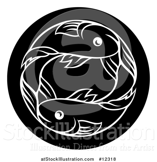 Vector Illustration of a Zodiac Horoscope Astrology Pisces Fish Circle Design in Black and White