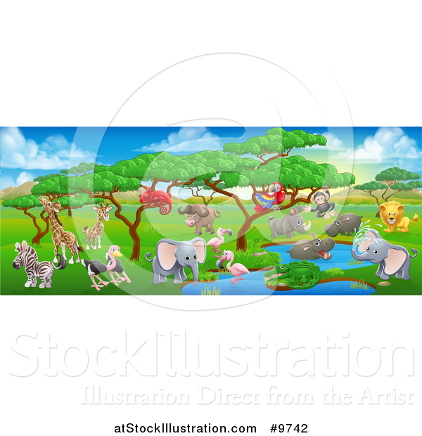 Vector Illustration of an African Safari Landscape with Cute Animals
