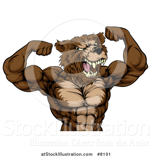 Vector Illustration of an Angry Buff Muscular Grizzly Bear Man Flexing His Muscles, from the Waist up