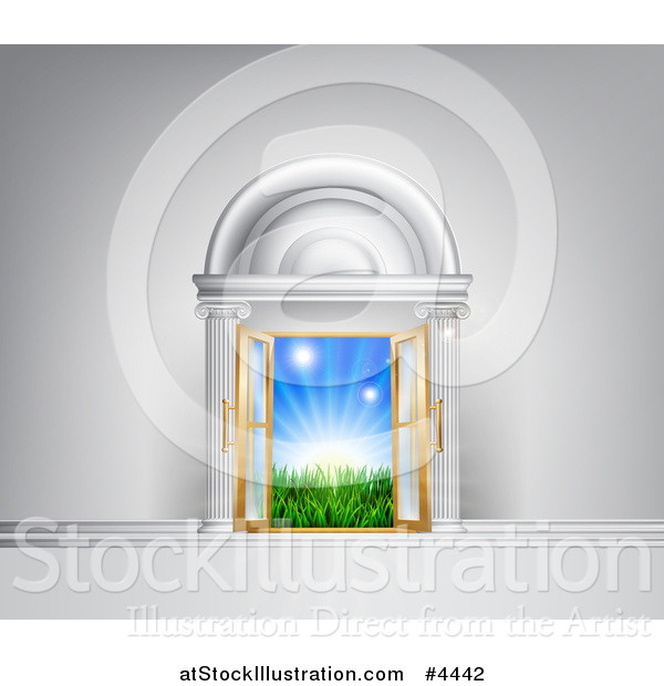 Vector Illustration of an Archway and Open Doors Leading to Sunshine and Grass