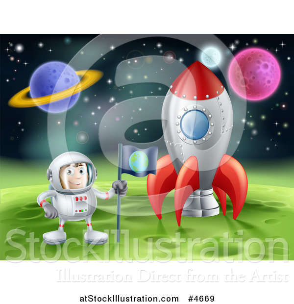 Vector Illustration of an Astronaut Planting an Earth Flag on a Foreign Planet in Outer Space