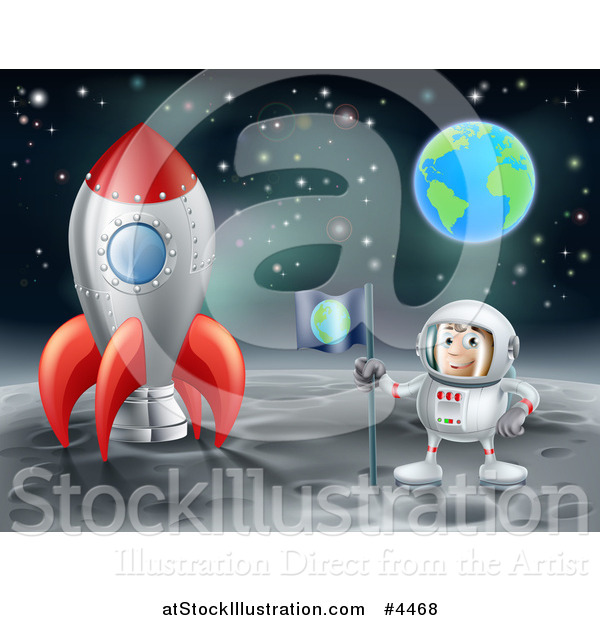 Vector Illustration of an Astronaut with a Flag, Standing on the Moon by a Rocket with Earth in the Distance