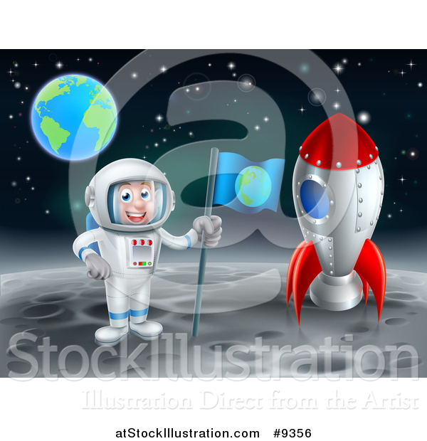 Vector Illustration of an Astronaut with a Flag, Standing on the Moon by a Rocket with Earth in the Distance