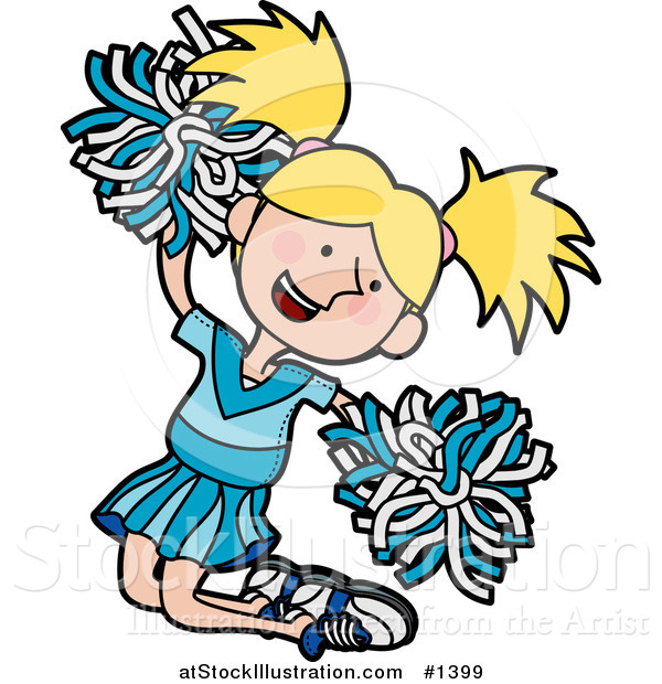 Vector Illustration of an Energetic Blond Cheerleader Girl in a Blue Uniform, Jumping with Pom Poms