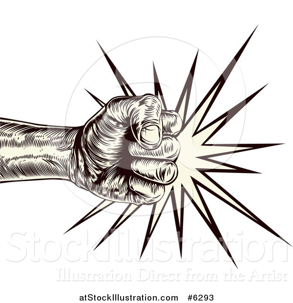 Vector Illustration of an Engraved Punching Fist Making Impact