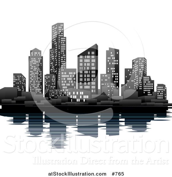 Vector Illustration of an Illuminated City Skyline on the Waterfront
