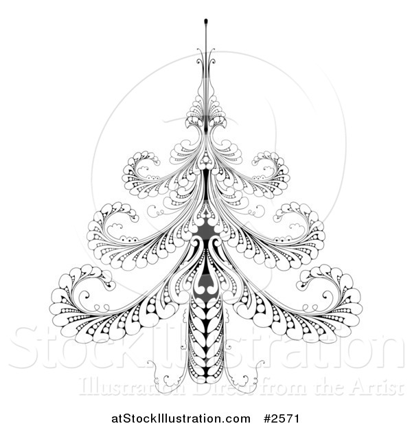 Vector Illustration of an Ornate Black and White Swirl Christmas Tree