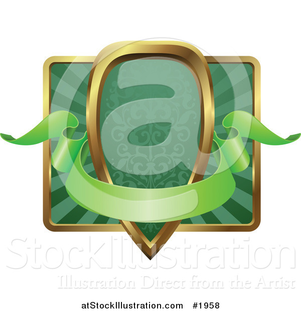 Vector Illustration of an Ornate Green and Gold Banner Shield Frame with Copyspace
