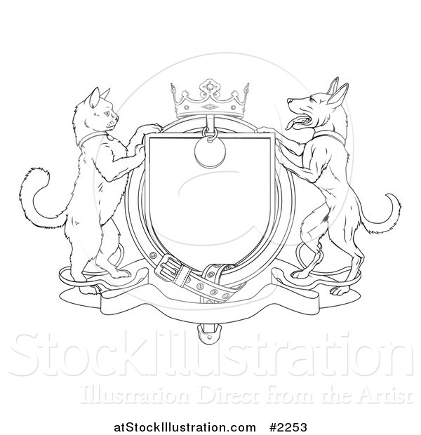 Vector Illustration of an Outlined Cat and Dog Heraldic Coat of Arms Shield