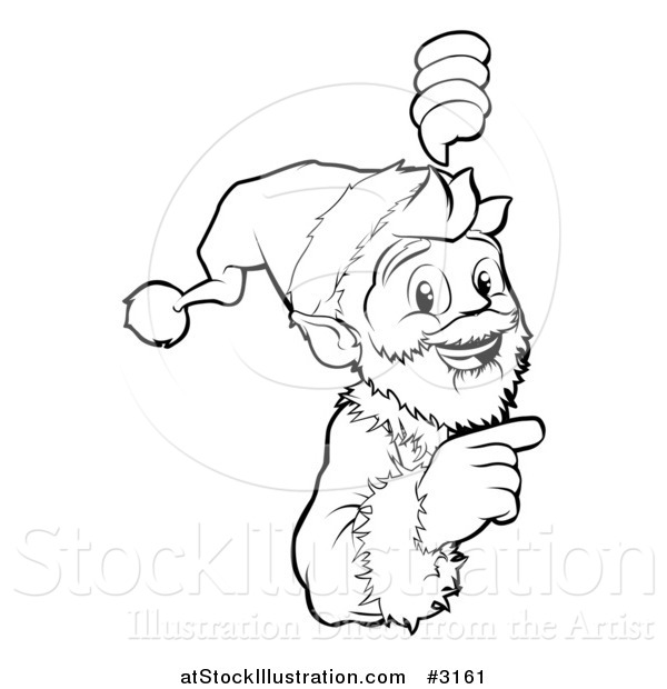 Vector Illustration of an Outlined Christmas Santa Pointing to and Looking Around a Sign