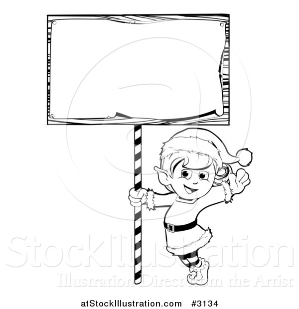 Vector Illustration of an Outlined Happy Christmas Elf with a Sign