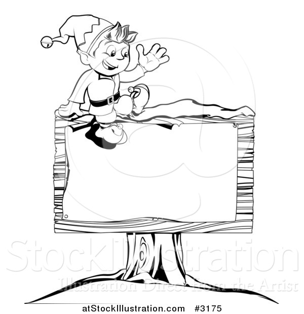 Vector Illustration of an Outlined Happy Waving Christmas Elf Sitting on a Wooden Sign