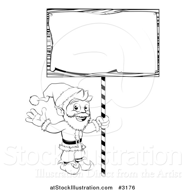 Vector Illustration of an Outlined Santa Waving and Holding up a Christmas Sign