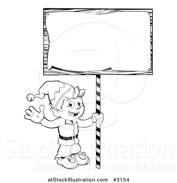 Vector Illustration of an Outlined Waving Christmas Elf with a Sign