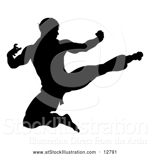 Vector Illustration of an Unstoppable Silhouetted Martial Artist Kicking