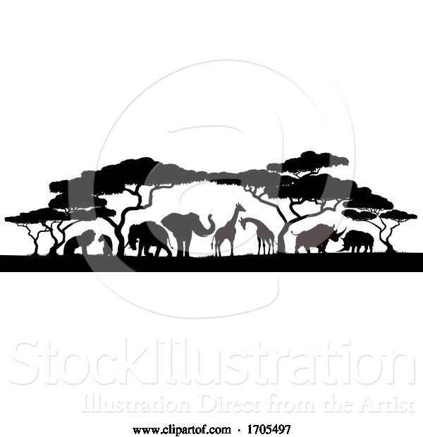 Vector Illustration of Animal Silhouettes African Safari Scene