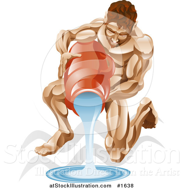 Vector Illustration of Aquarius the Water Pourer Kneeling and Pouring Water from a Jug, with the Zodiac Symbol