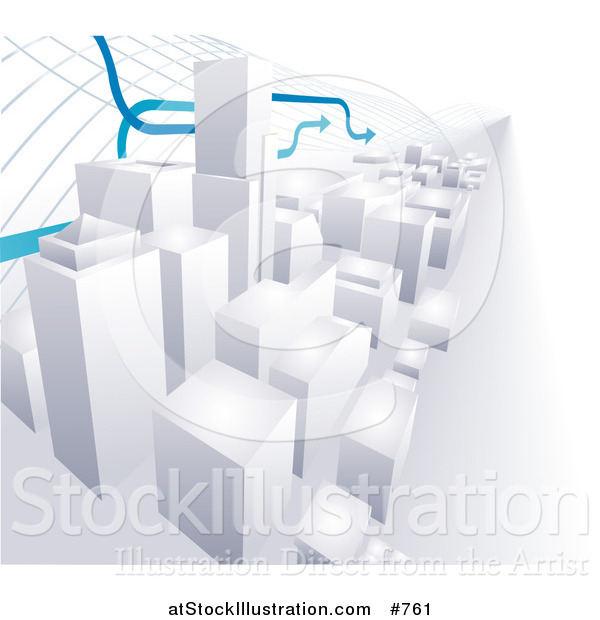 Vector Illustration of Arrows Passing over a 3D Cityscape of High Rise Skyscraper Office Buildings