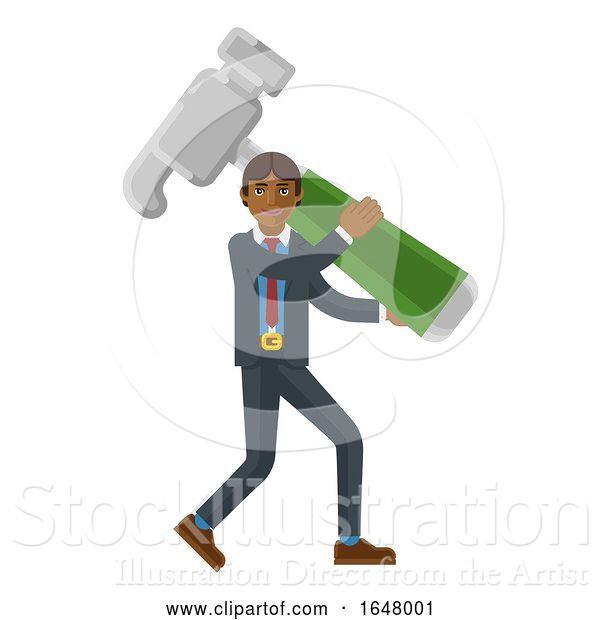 Vector Illustration of Asian Businessman Holding Hammer Mascot Concept